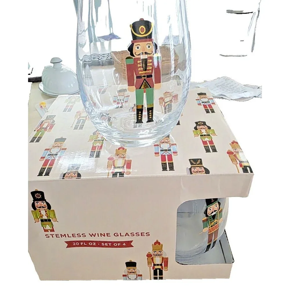 Home Essentials Winterberrie Lane Nutcracker Stemless Glasses Set of 4 New